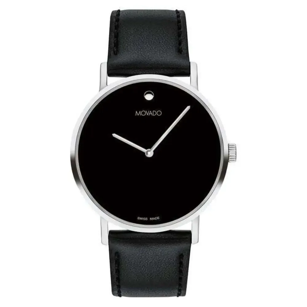 MOVADO SIGNATURE 0607589 40MM BLACK LEATHER STRAP SILVER MENS WATCH